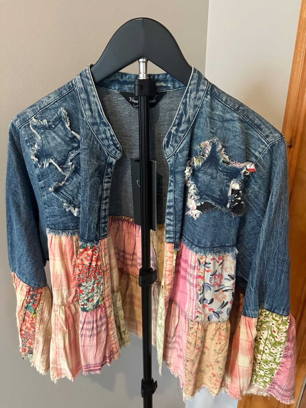 Young Threads Cropped Patchwork Denim and Pink Floral Women’s Jacket L
